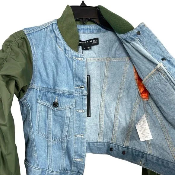 Veronica Beard Emelia Combo Jacket Size XS Denim Blue Green Puff Sleeve Ribbed